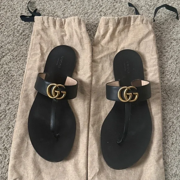 Gucci Marmont Leather Thong Sandal with Double G (GG) — Black Size 40 - Picture 12 of 14
